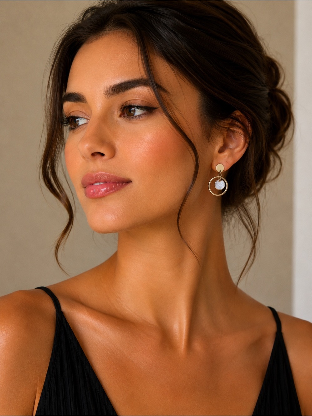 Gold Hoop Drop Earrings with White Mother-of-Pearl Disc